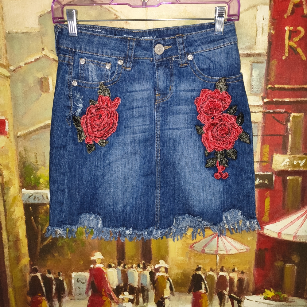 Grace In LA Skirt Grace in LA Blue Denim Mini Skirt with Red Floral Design